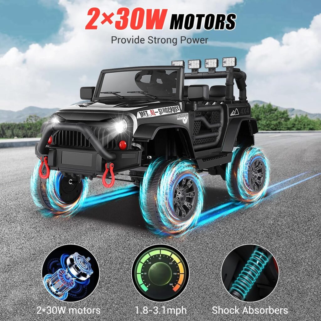 Hikole Ride on Jeep 12V Children with Remote Control, Safety Belt, kids Battery Powered Vehicles, Better Shock Absorption, LED Lights, Bluetooth, Forward/Backward, 3 Speeds, Yellow