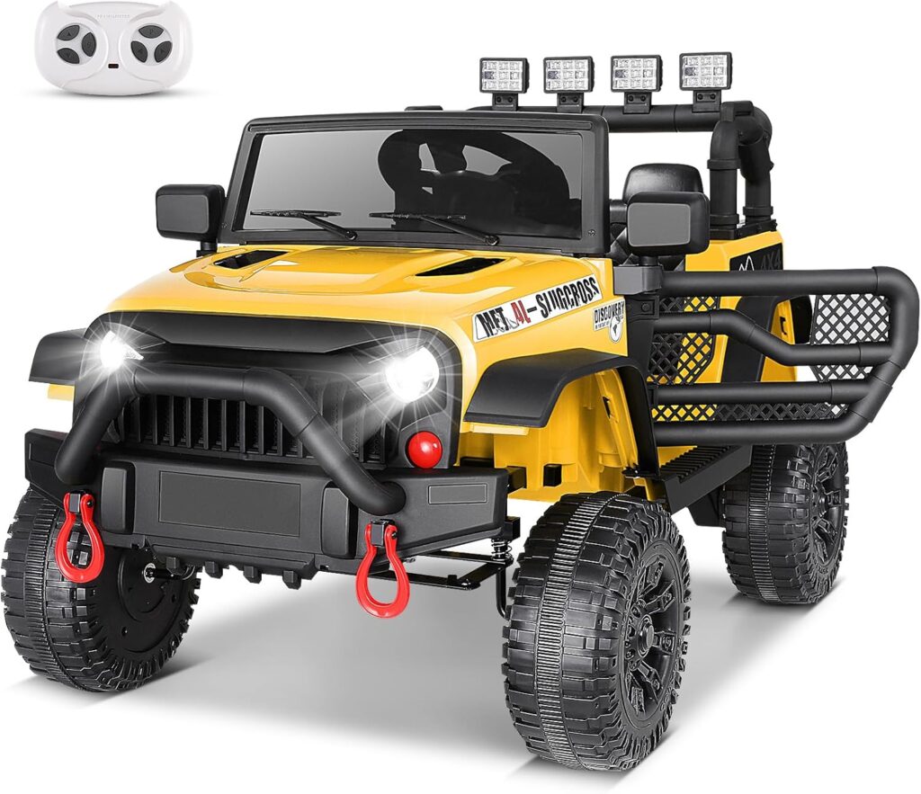 Hikole Ride on Jeep 12V Children with Remote Control, Safety Belt, kids Battery Powered Vehicles, Better Shock Absorption, LED Lights, Bluetooth, Forward/Backward, 3 Speeds, Yellow