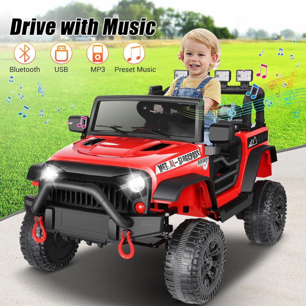 Hikole Ride on Jeep 12V Children with Remote Control, Safety Belt, kids Battery Powered Vehicles, Better Shock Absorption, LED Lights, Bluetooth, Forward/Backward, 3 Speeds, Yellow