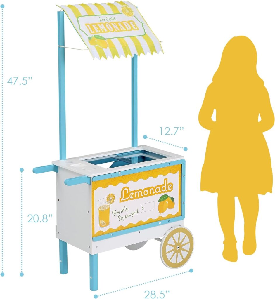 Houseables Ice Cream Cart for Kids, Lemonade Stand for Kids, Includes 36 Play Pieces, Reversible Sign Awning, Wooden Play Store, Kids Ice Cream Cart Toy, Ice Cream Shop Playset, Icecream Shop Toys