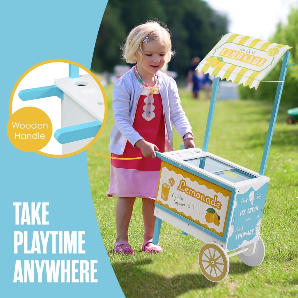 Houseables Ice Cream Cart for Kids, Lemonade Stand for Kids, Includes 36 Play Pieces, Reversible Sign Awning, Wooden Play Store, Kids Ice Cream Cart Toy, Ice Cream Shop Playset, Icecream Shop Toys