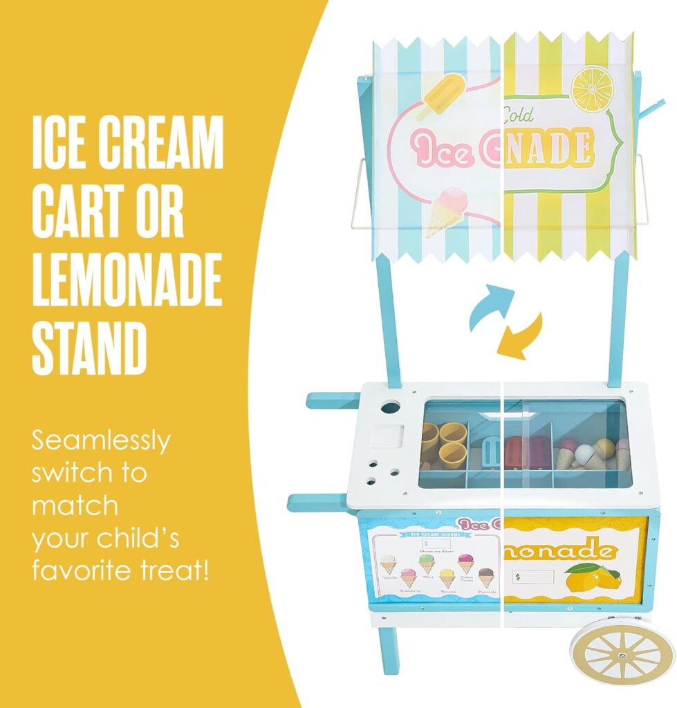 Houseables Ice Cream Cart for Kids, Lemonade Stand for Kids, Includes 36 Play Pieces, Reversible Sign Awning, Wooden Play Store, Kids Ice Cream Cart Toy, Ice Cream Shop Playset, Icecream Shop Toys