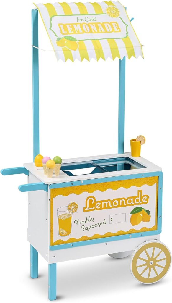 Houseables Ice Cream Cart for Kids, Lemonade Stand for Kids, Includes 36 Play Pieces, Reversible Sign Awning, Wooden Play Store, Kids Ice Cream Cart Toy, Ice Cream Shop Playset, Icecream Shop Toys