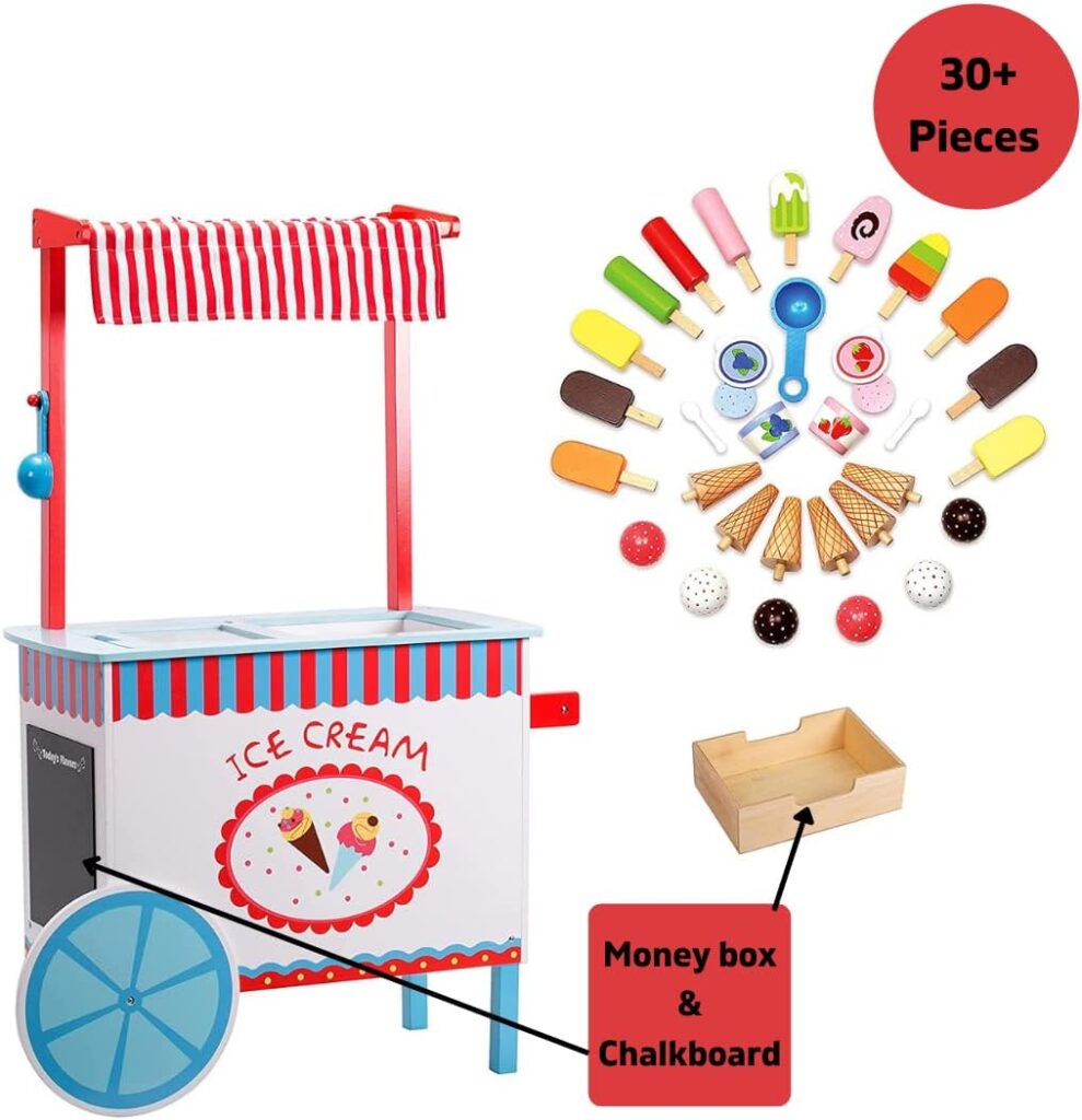 Ice Cream Cart Kids Pretend Play Stand- Premium Wood 33+ Pc Realistic Wooden Toy Set w Money Box, Chalkboard, 30+ Icecream Truck Accessories- Popsicles, Cones  Unique Flavors, Girls Boys Role Play