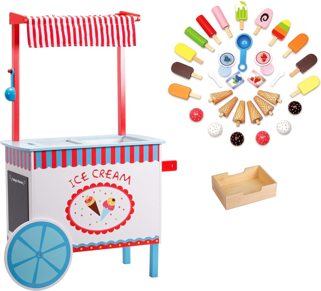 Ice Cream Cart Kids Pretend Play Stand- Premium Wood 33+ Pc Realistic Wooden Toy Set w Money Box, Chalkboard, 30+ Icecream Truck Accessories- Popsicles, Cones  Unique Flavors, Girls Boys Role Play