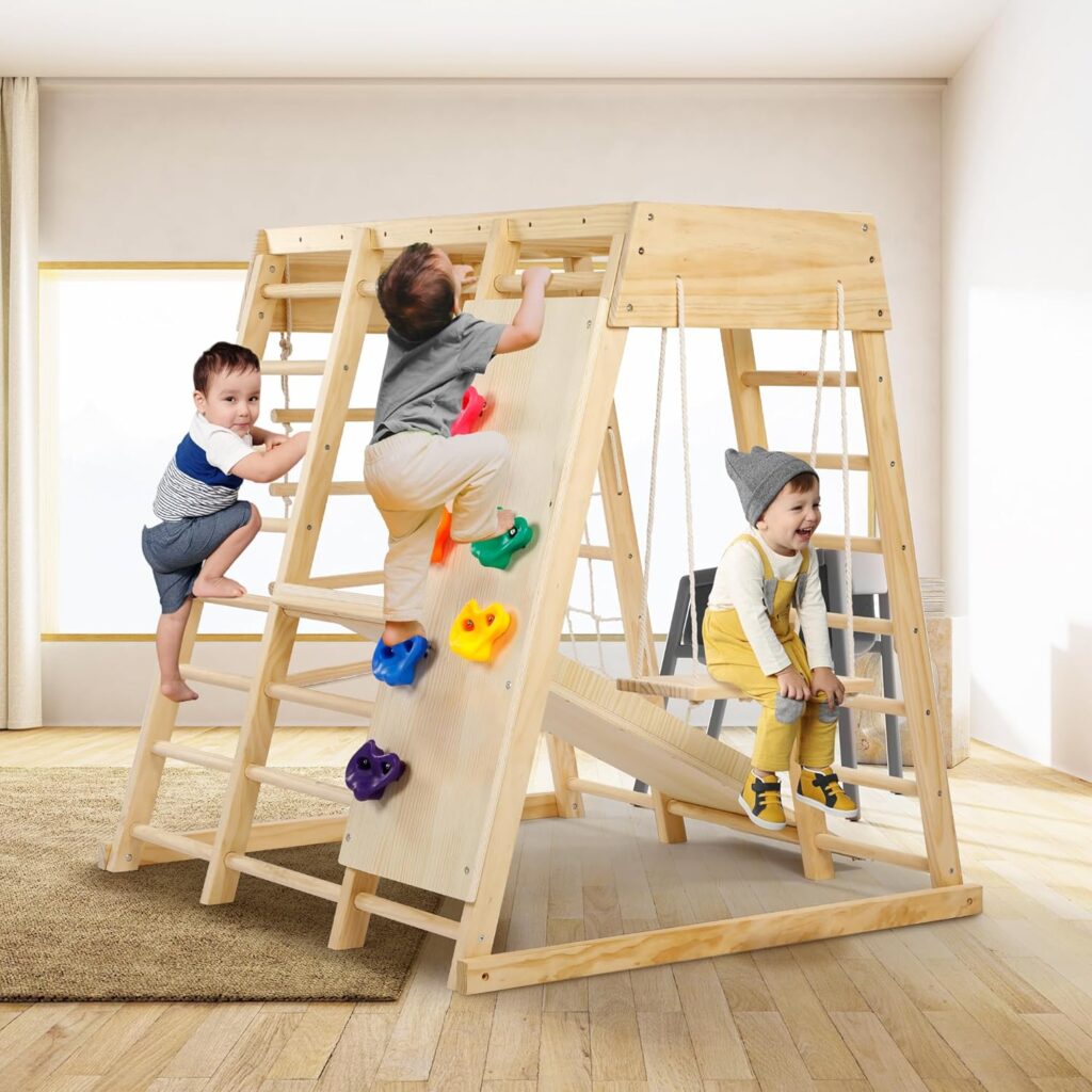 Indoor Playground 7 Functions Jungle Gym Baby Climbing Toys, Montessori Waldorf Style Wooden Toddlers Climber Playset for Children Kids 2-7 with Slide, Climbing Wall, Rope Wall Net, Swing, Ladder