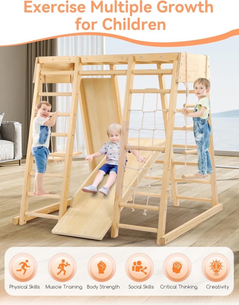 Indoor Playground 7 Functions Jungle Gym Baby Climbing Toys, Montessori Waldorf Style Wooden Toddlers Climber Playset for Children Kids 2-7 with Slide, Climbing Wall, Rope Wall Net, Swing, Ladder