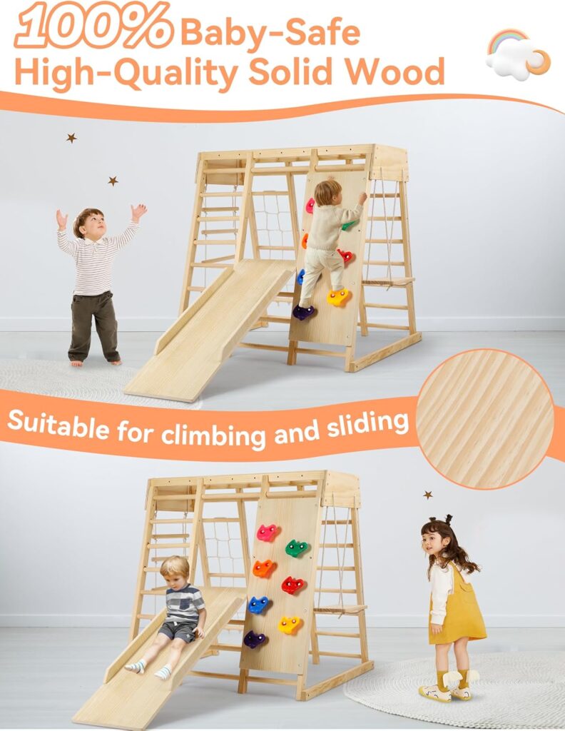 Indoor Playground 7 Functions Jungle Gym Baby Climbing Toys, Montessori Waldorf Style Wooden Toddlers Climber Playset for Children Kids 2-7 with Slide, Climbing Wall, Rope Wall Net, Swing, Ladder