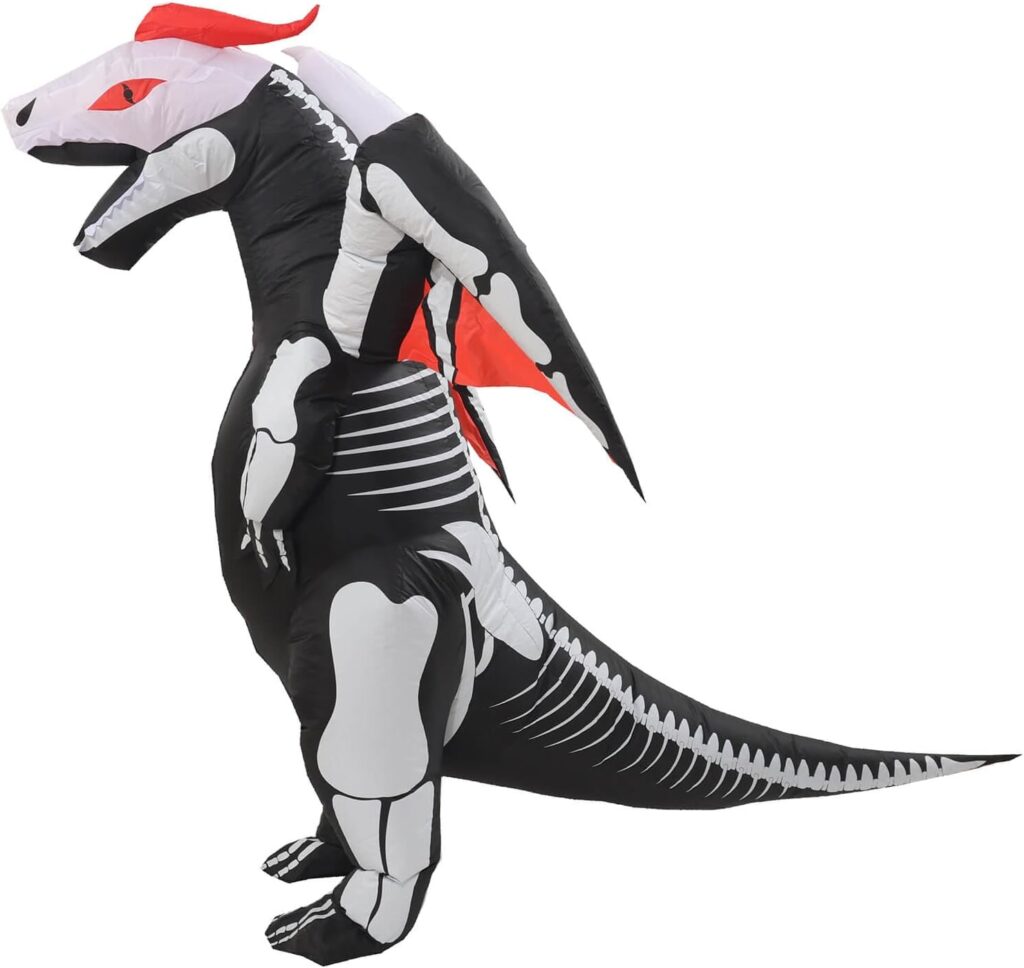 Inflatable Skeleton Dinosaur Costume for Kids 8-10-12 Year Blow Up T-Rex Cosplay Trex Jumpsuit Dragon with Wings for Halloween Party