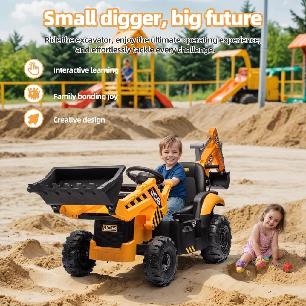 JCB Ride-on Electric Excavator for Kids 3-5 Years, Construction Vehicle Toy with Remote Control, Front Loader, Removable Seat (24V, Yellow)