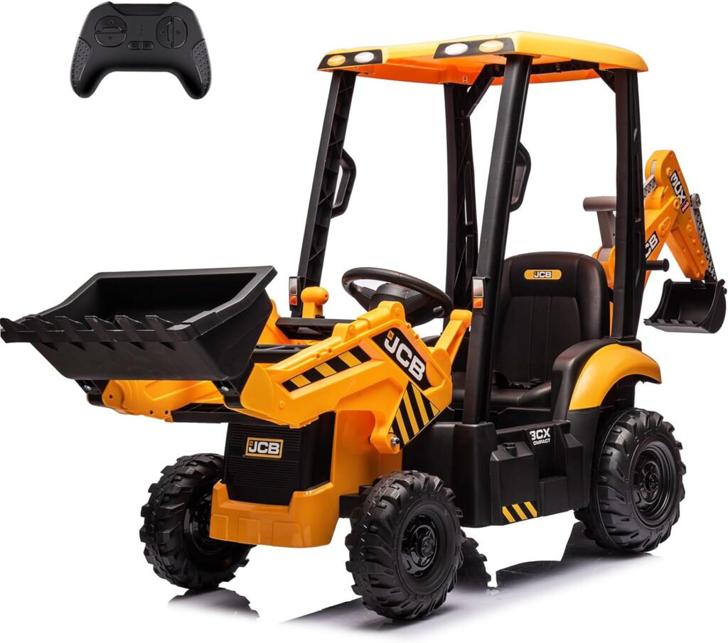 JCB Ride-on Electric Excavator for Kids 3-5 Years, Construction Vehicle Toy with Remote Control, Front Loader, Removable Seat (24V, Yellow)