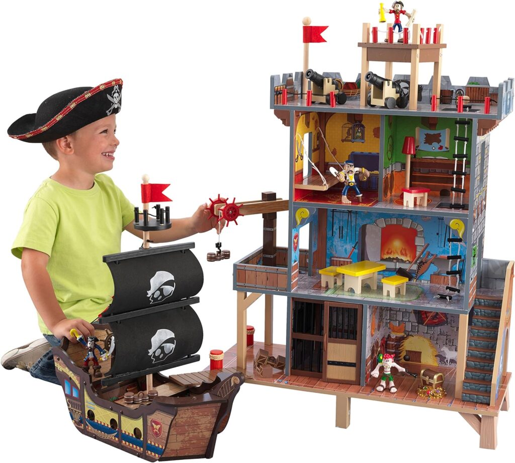 KidKraft Pirates Cove Wooden Ship Play Set with Lights and Sounds, Pirates and 17-Piece Accessories, Gift for Ages 3+