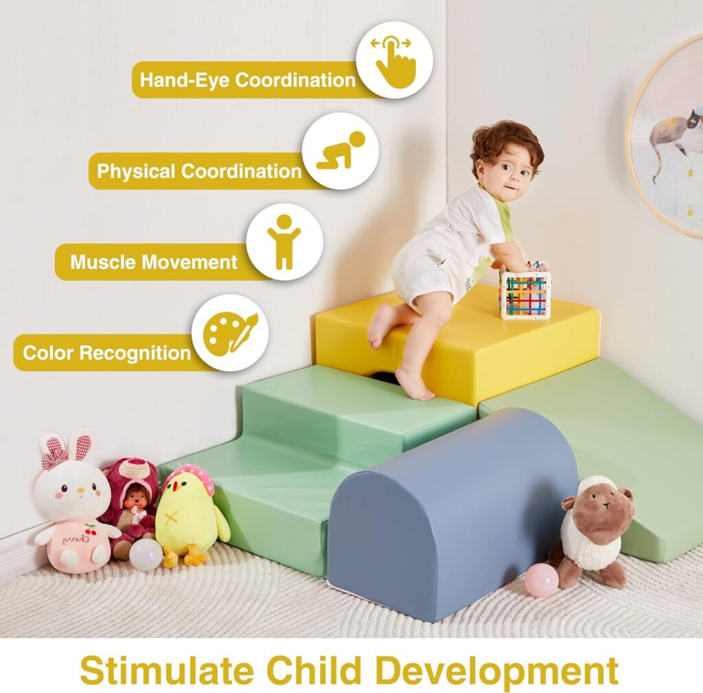 Kids Climb  Crawl Sets, 4-Piece Soft Foam Block Activity Play Structures Set for Baby Infant, Indoor Climber for Child Development, Color Coordination, Motor Skills (Multicolor-B)