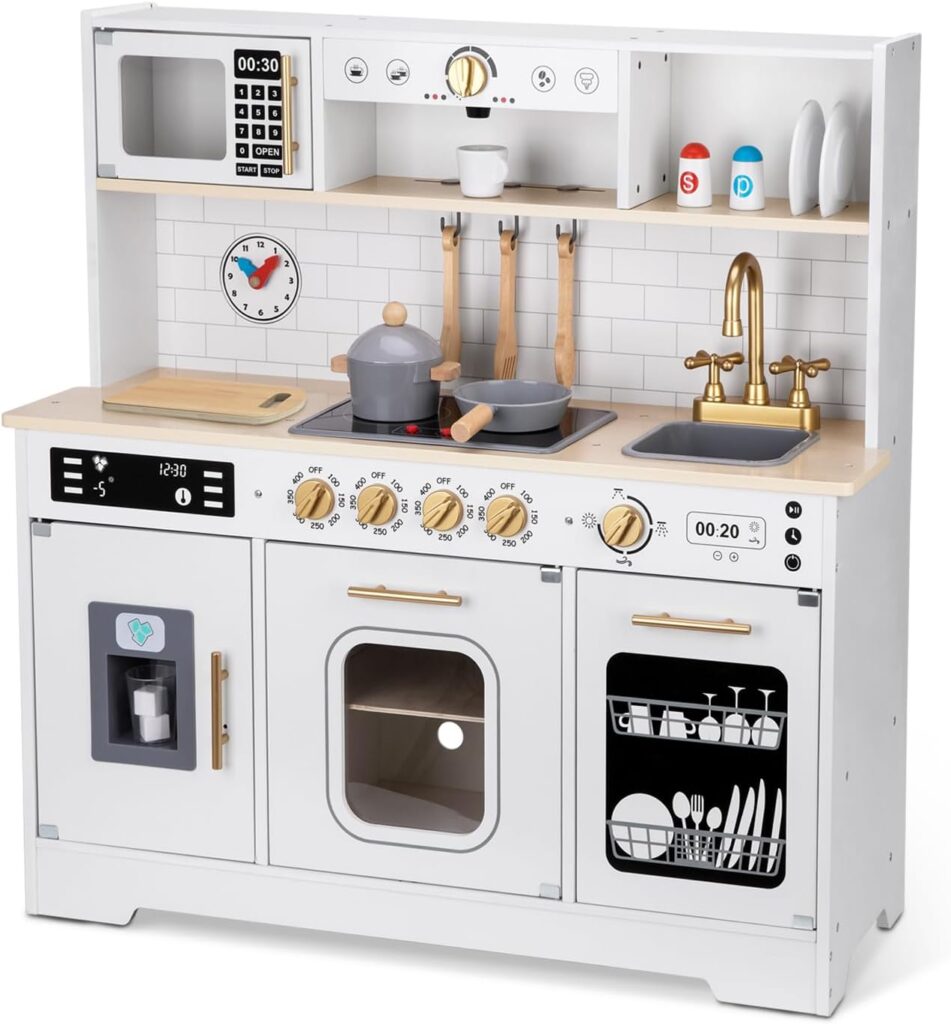 Kids Play Kitchen Set, Kitchen Set for Kids with Plenty of Play Features,sink,oven,range Hood,stove,dishwasher,coffee maker,ice maker and microwave, play kitchen sets for kids ages 4-8