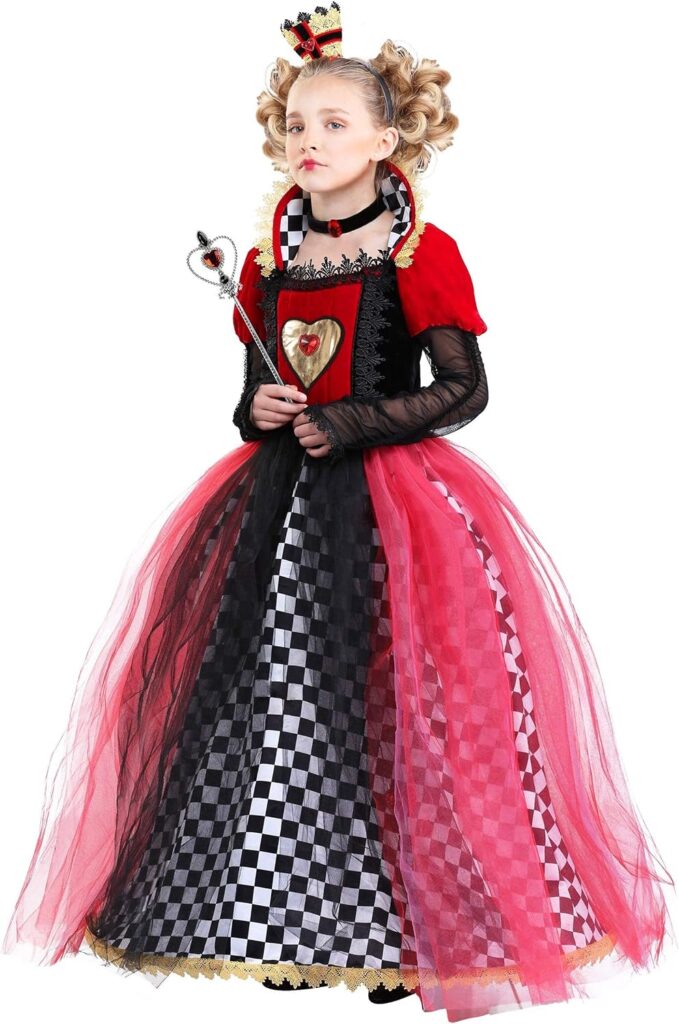 Kids Queen of Hearts Costume Girls, Black  Red Fancy Royal Dress Up For Halloween Outfit