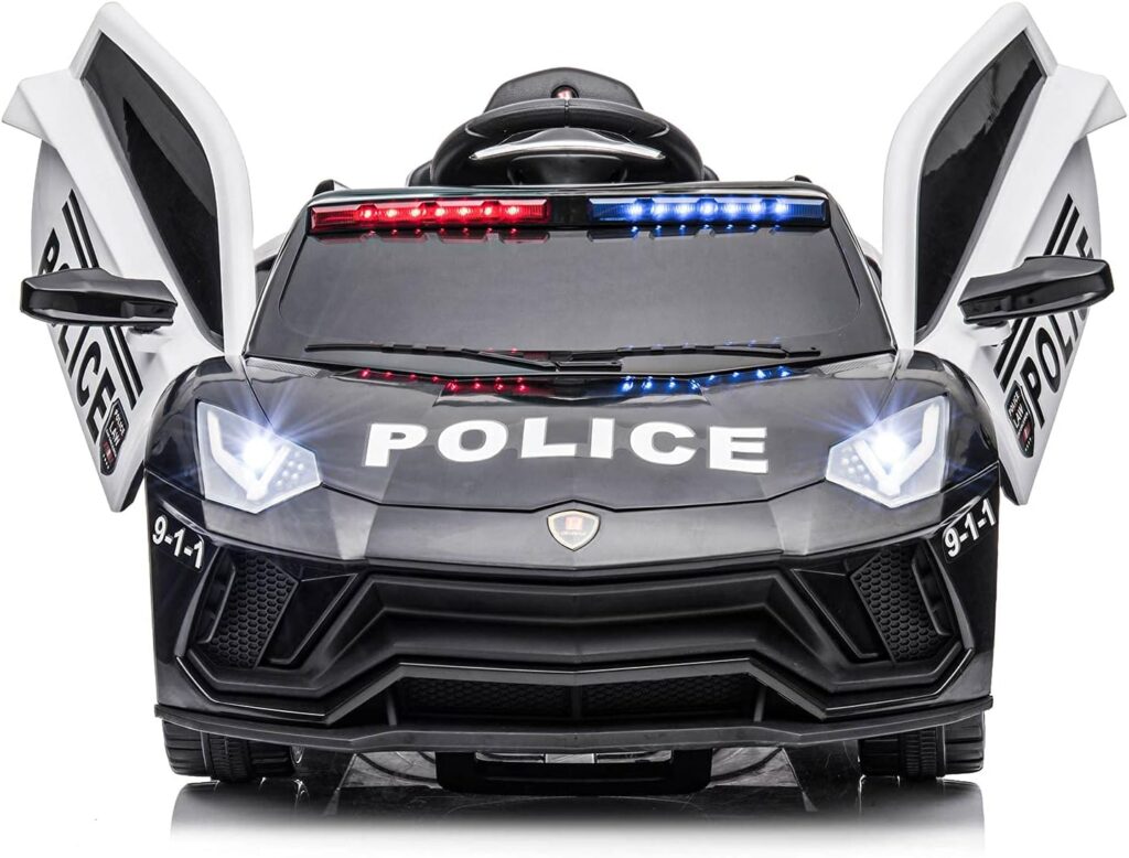 Kids Ride On Police Car, 12V Electric Sports Car Toys with Remote Control, Siren, Flashing Light,Music,Battery Powered (Black)