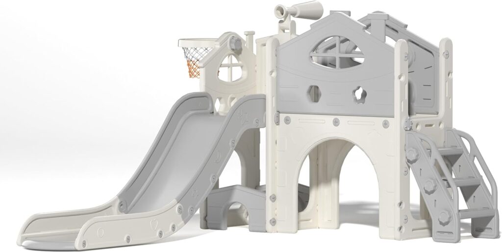 Kids Slide Playset with Climber, Toddlers Freestanding Castle with Basketball, Storage Area, Tunnel for Indoors and Outdoors, Gift for Children, Gray and White