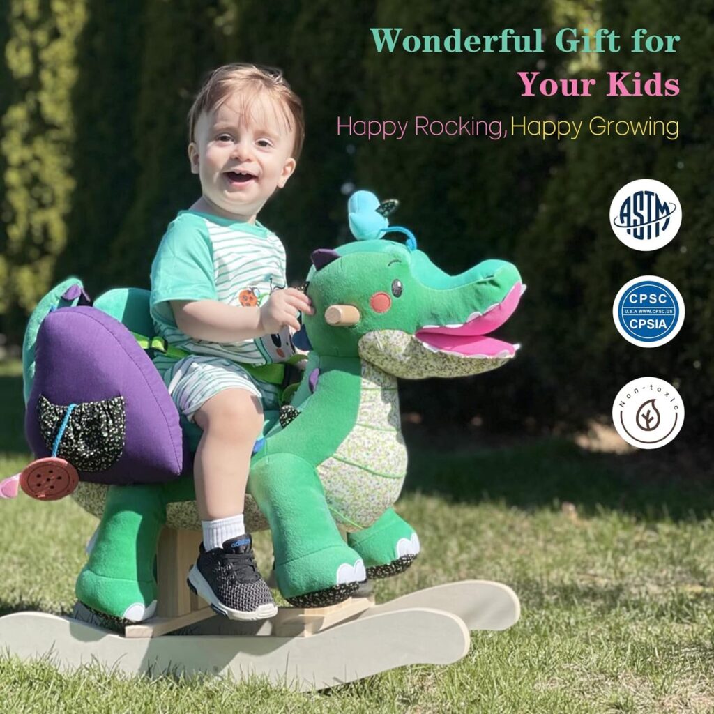 labebe Child Rocking Horse Toy, Stuffed Animal Rocker, Green Crocodile Plush Rocker Toy for Kid 6 Month -3 Years, Wooden Rocking Horse Chair/Rocker/Animal Ride on