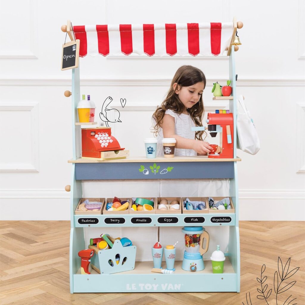 Le Toy Van - Honeybake Reversible Educational Pretend Wooden Grocery Store and Cafe Stand | Educational Role Play Kids Toy Set | Cafe or Supermarket Pretend Play Shop, Multi (TV317)