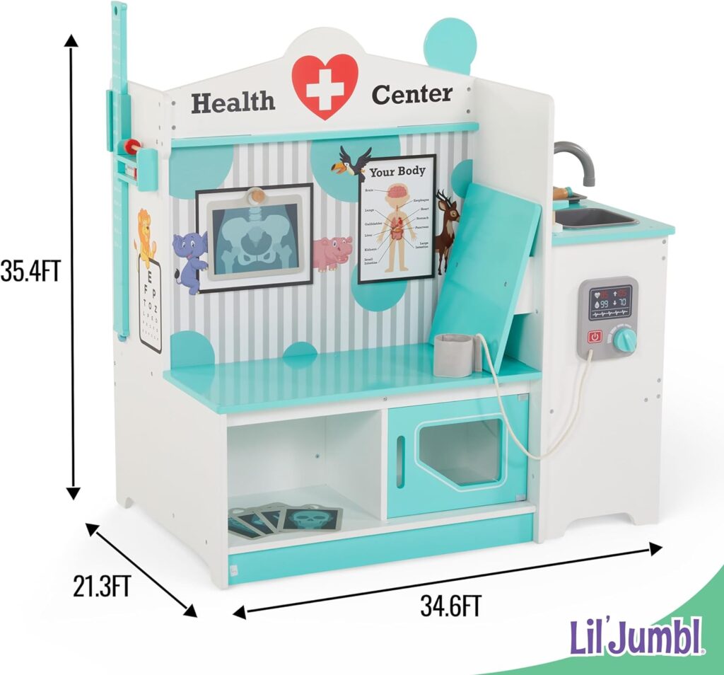 Lil’ Jumbl Wooden Doctor Playset, Multi-Sided Medical Office Activity Center with Exam Room, Check-in  Waiting Areas, Toddler Playset, Doctors Office Pretend Play