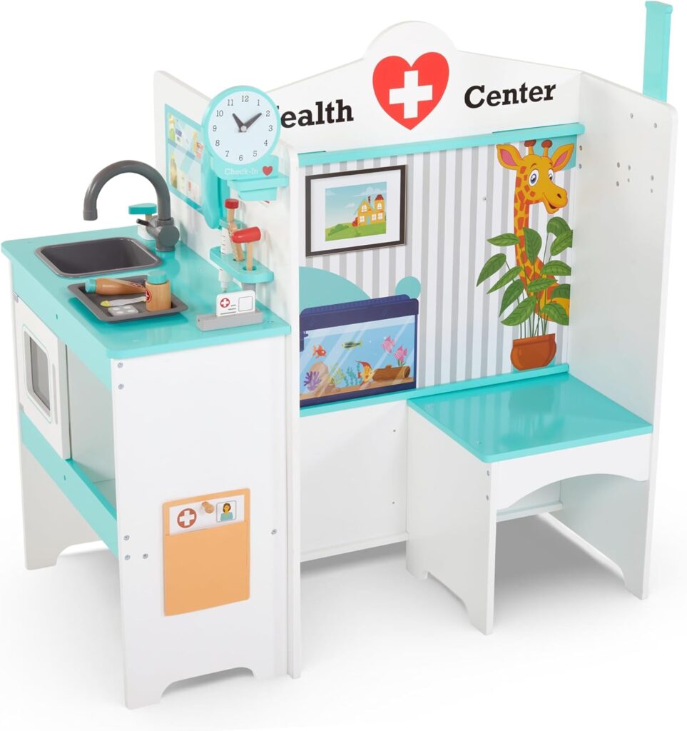 Lil’ Jumbl Wooden Doctor Playset, Multi-Sided Medical Office Activity Center with Exam Room, Check-in  Waiting Areas, Toddler Playset, Doctors Office Pretend Play