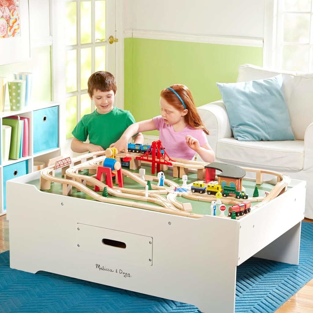 Melissa  Doug Deluxe Wooden Multi-Activity Play Table for Playroom - Kids Activity Table With Storage, Furniture, Train Table, H: 57.5 x W: 25 x D: 5.7