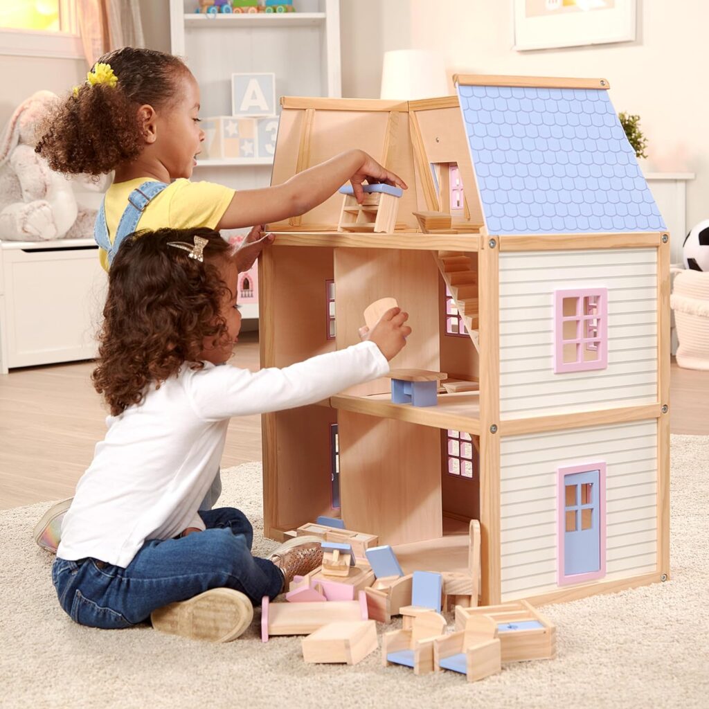 Melissa  Doug Modern Wooden Multi-Level Dollhouse With 19 pcs Furniture [White]