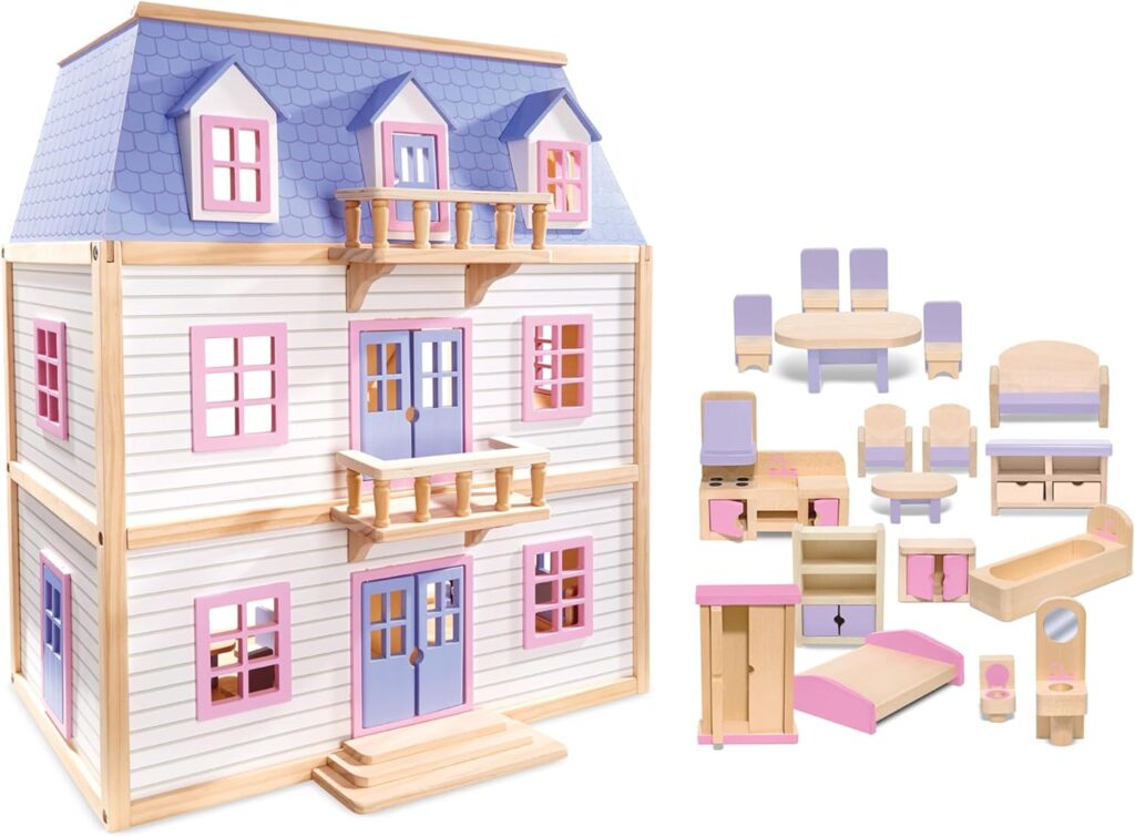 Melissa  Doug Modern Wooden Multi-Level Dollhouse With 19 pcs Furniture [White]