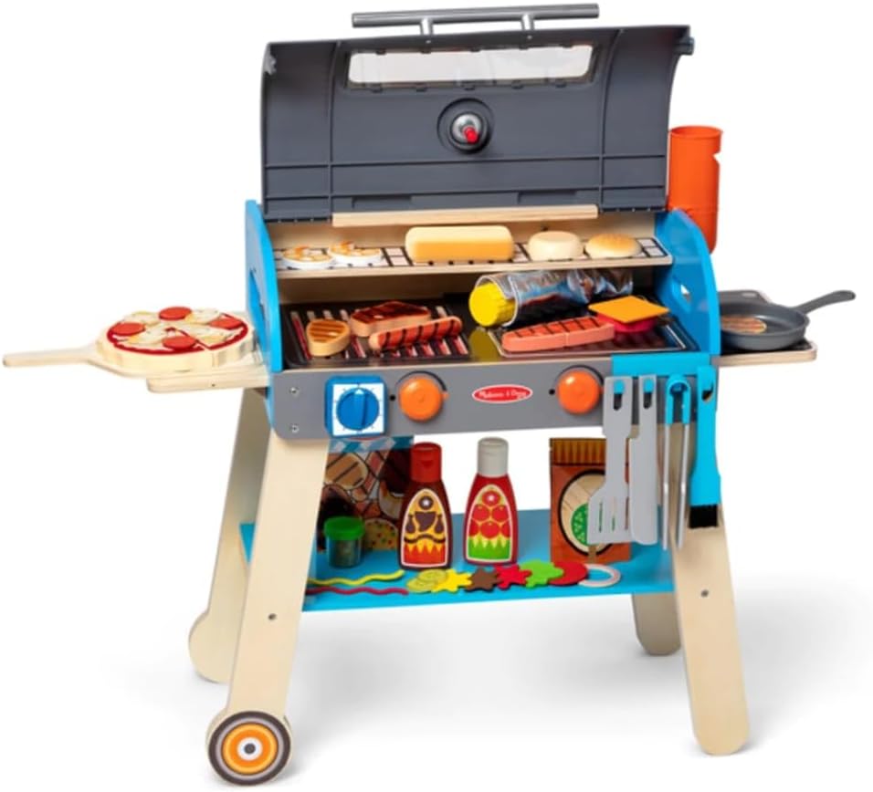 Melissa  Doug Wooden Deluxe Barbecue Grill, Smoker and Pizza Oven Play Food Toy for Pretend Play Cooking for Kids - FSC Certified