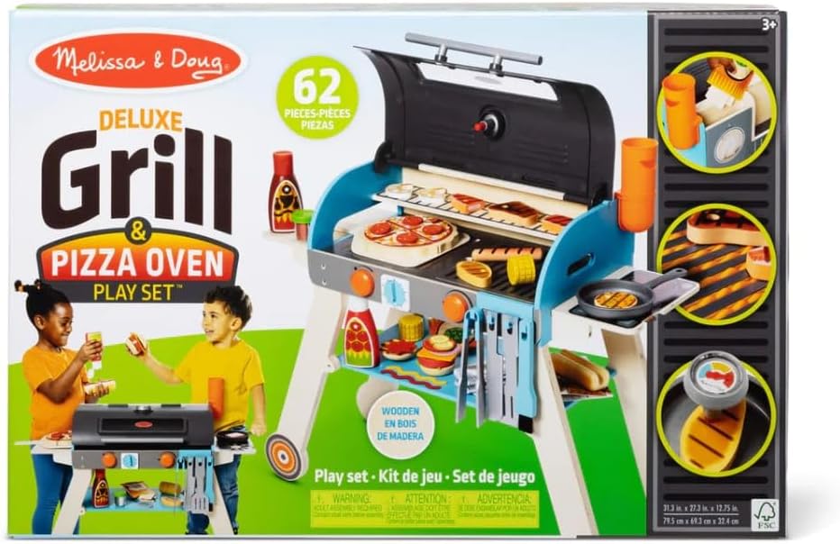 Melissa  Doug Wooden Deluxe Barbecue Grill, Smoker and Pizza Oven Play Food Toy for Pretend Play Cooking for Kids - FSC Certified