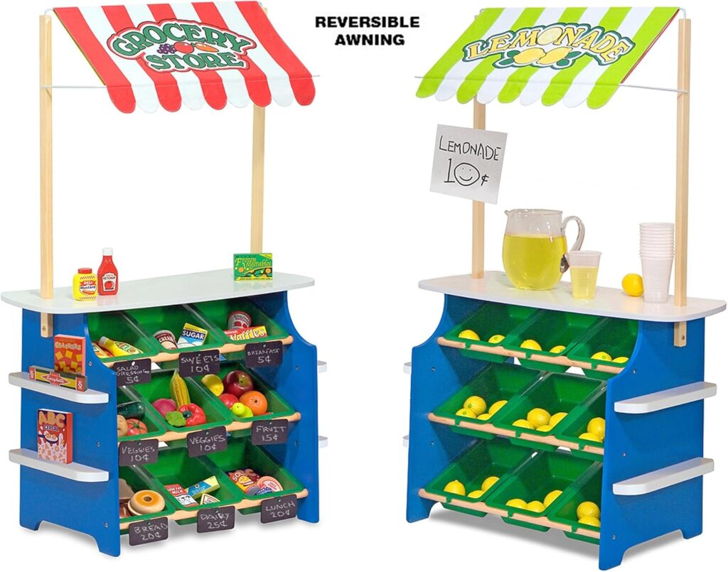 Melissa  Doug Wooden Grocery Store and Lemonade Stand - Reversible Awning, 9 Bins, Chalkboards