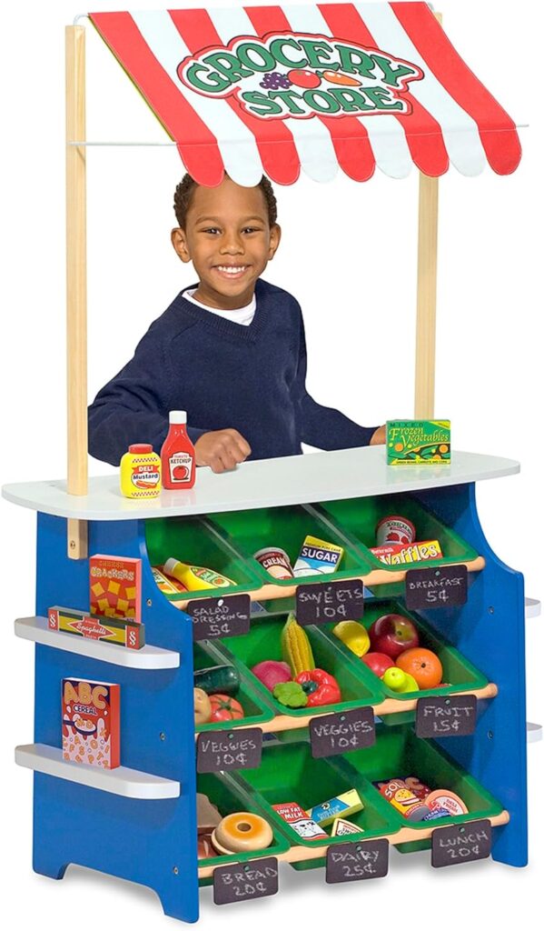 Melissa  Doug Wooden Grocery Store and Lemonade Stand - Reversible Awning, 9 Bins, Chalkboards