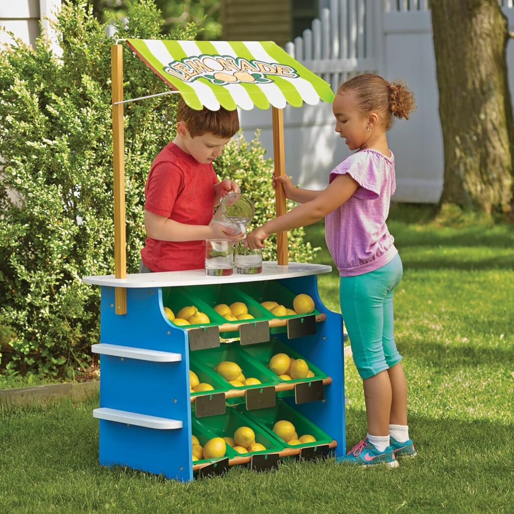 Melissa  Doug Wooden Grocery Store and Lemonade Stand - Reversible Awning, 9 Bins, Chalkboards