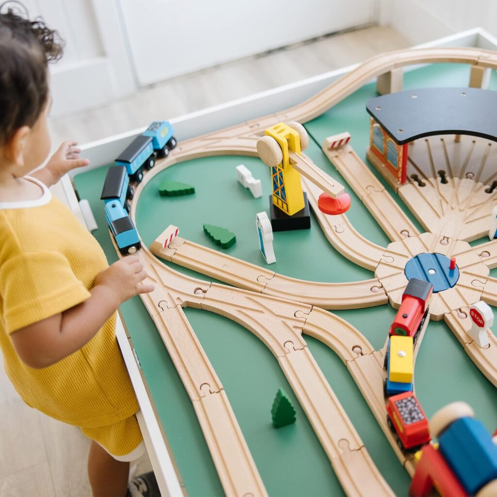 Melissa  Doug Wooden Railway Set, 130 Pieces - Wooden Train Set for Toddlers Ages 3+