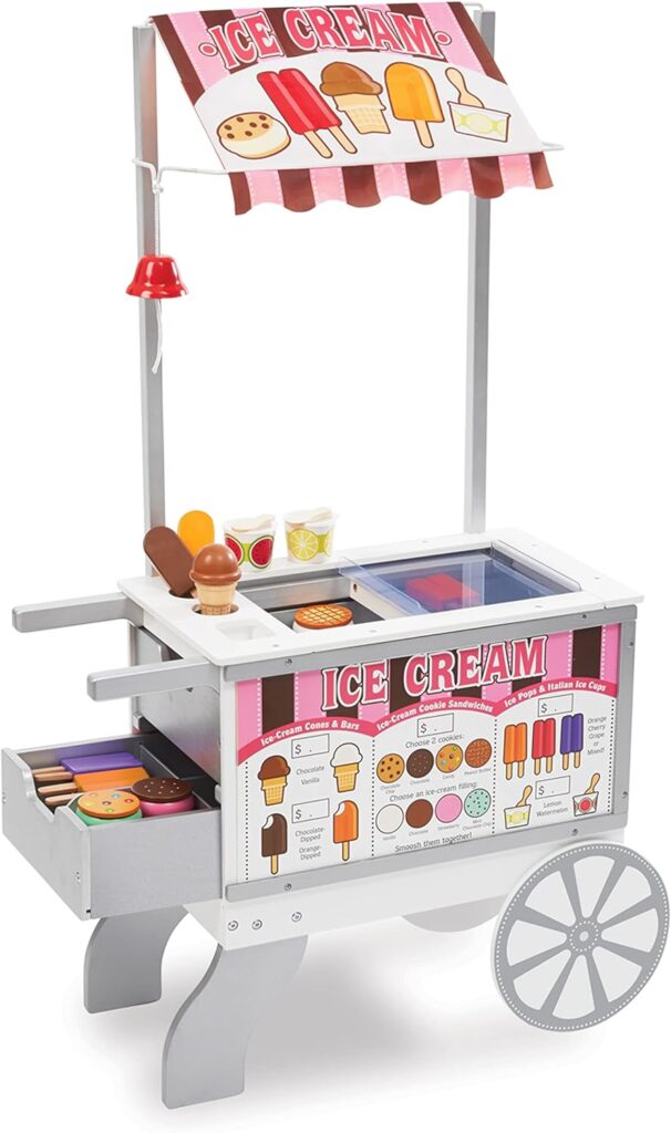 Melissa  Doug Wooden Snacks and Sweets Food Cart - 40+ Play Food pcs, Reversible Awning , Multi Colored