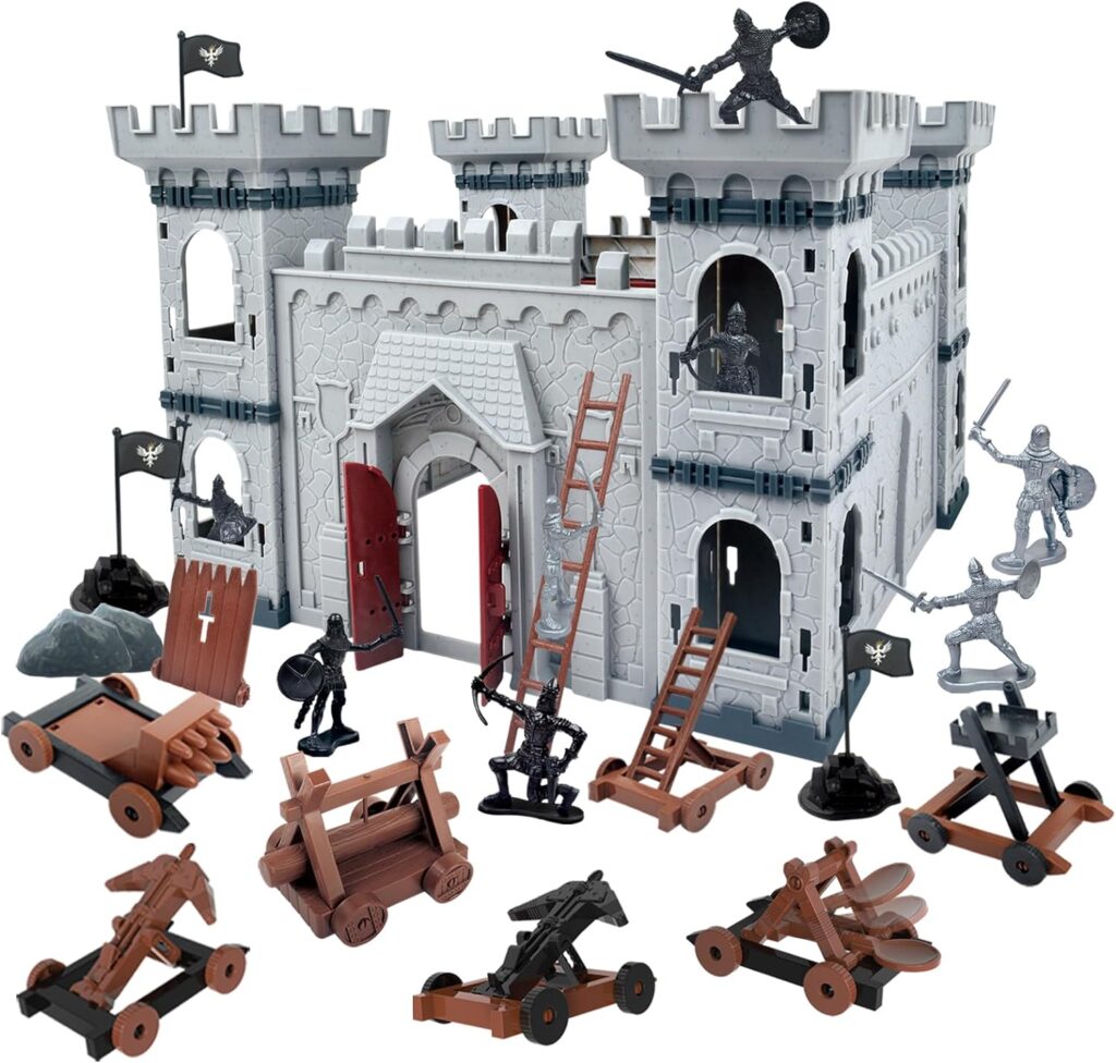 Mostop Medieval Castle Knight Toy Solider Army Figures Toy, DIY Assembled Castle Model Knight Game Soldier Building Kit with Castle,Cavalry and Arrow Tower Simulated Siege War of Attack