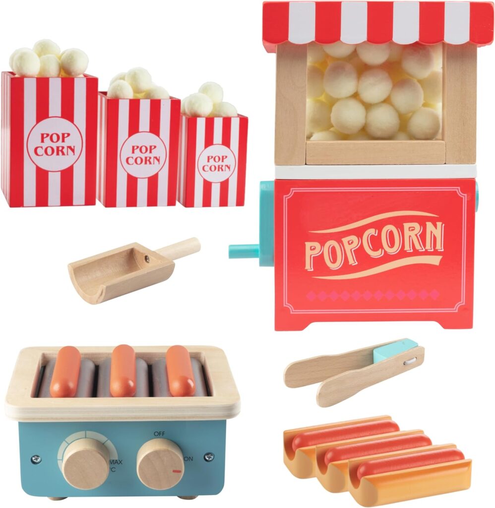 Movie Theatre Snack Bar Wooden Playset - Pretend Concession Stand Fun- Full Set Includes Popcorn Machine, Hot Dogs, Candy Bars, Sodas, Cash Register, Credit Card  More