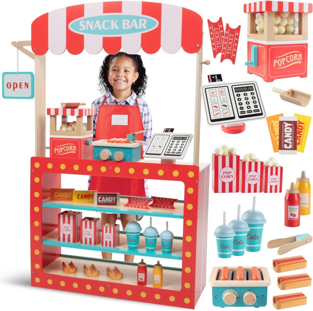 Movie Theatre Snack Bar Wooden Playset - Pretend Concession Stand Fun- Full Set Includes Popcorn Machine, Hot Dogs, Candy Bars, Sodas, Cash Register, Credit Card  More