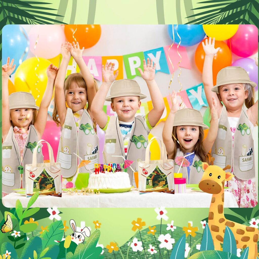 Newcotte 72 Pcs Kids Explorer Costume Toy Include 24 Kids Explorer Vest 24 Kids Party Plastic Explorer Hats 24 Tote Bag for Kids Jungle Party Outdoor Activity