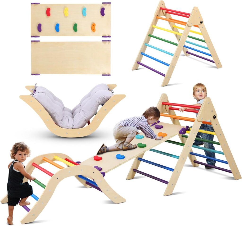 Pikler Triangle Set Climber 5 in 1, Foldable Toddler Climbing Toys, Indoor Childrens Playground with Ramp, Arch, Mat and Climbing Tripod, Wooden Montessori Climbing Toys