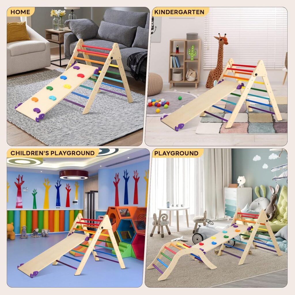 Pikler Triangle Set Climber 5 in 1, Foldable Toddler Climbing Toys, Indoor Childrens Playground with Ramp, Arch, Mat and Climbing Tripod, Wooden Montessori Climbing Toys