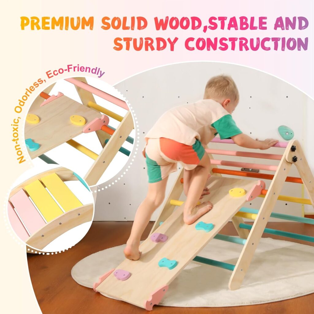 Pikler Triangle Set with Cushion, 5 in 1 Montessori Foldable Climbing Set, Climbing Indoor Playground Set for Toddlers, Wooden Climbing Toys with Ramp and Arch Climber for Kids (Color-B)