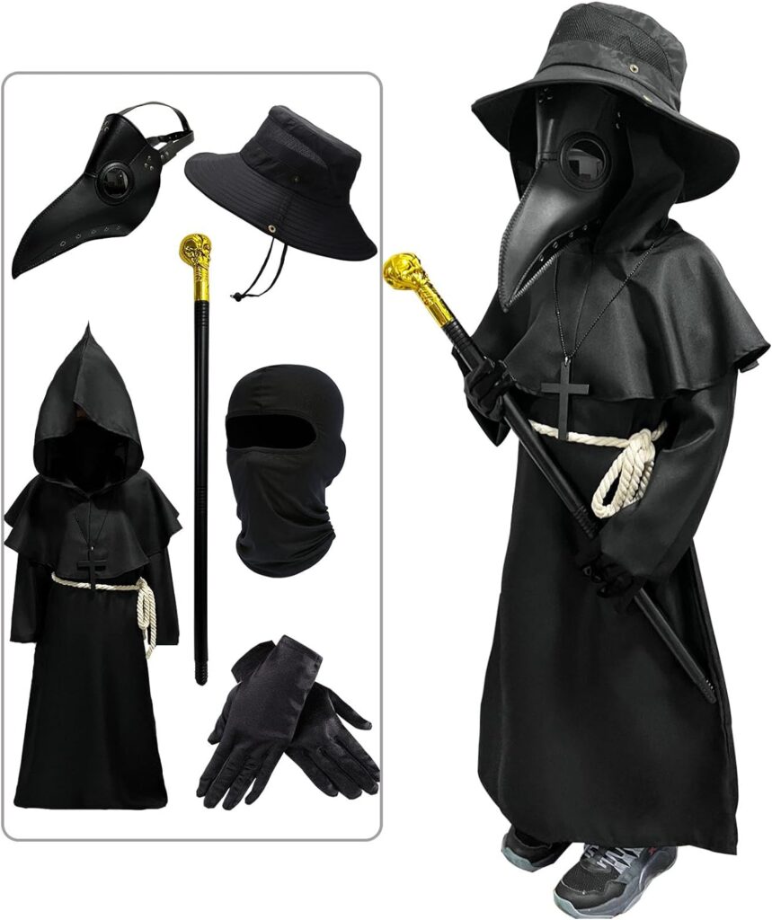 Plague Doctor Costume for Kids 7 in 1 Set Halloween Costumes for Boys Girls Halloween Outfit