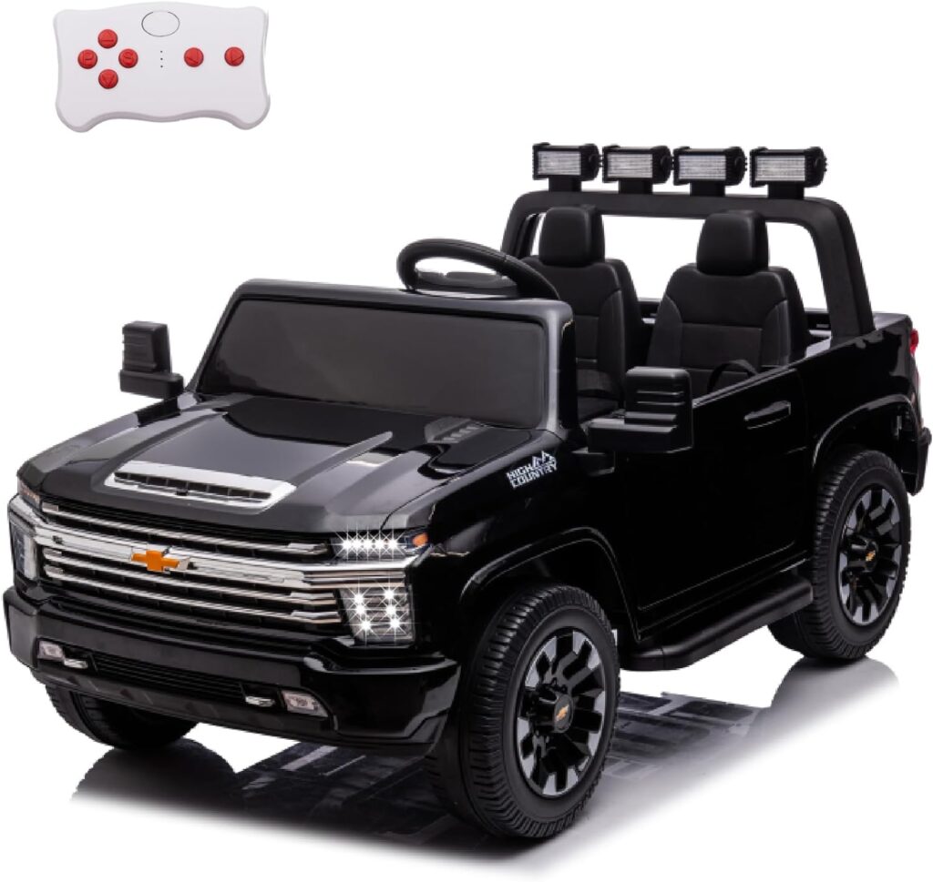 POSTACK Official License Chevrolet 24V 7Ah Big Battery Powered Kids Ride On Toy Car 2-Seater Truck with Remote Control,LED Bright Lights and Music Play Children Gifts for Boys and Girls Black