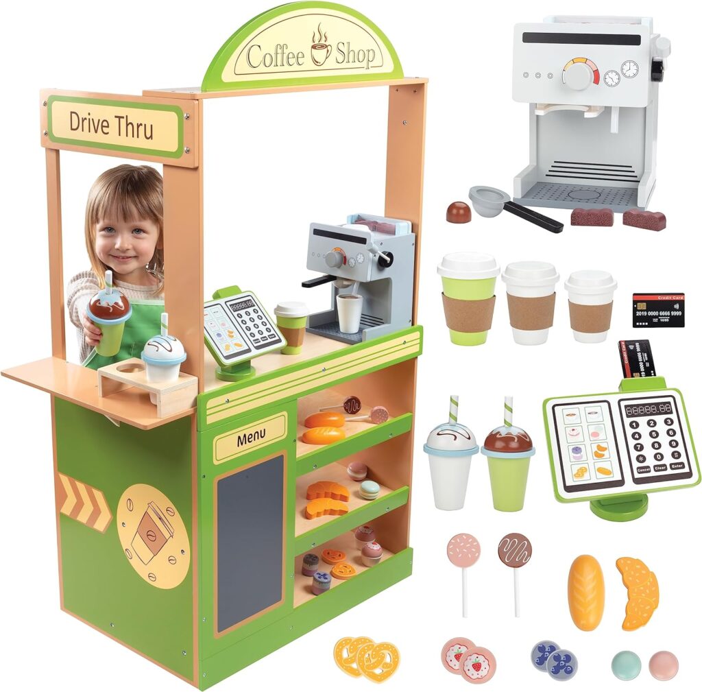 Pretend Coffee Shop Wooden Playset - Drive Thru Window Fun - Includes Frappuccino w Straws, Espresso Maker, Bread, Pastries, Rotating Cash Register, Coffee Cups, Apron- Over 25 Super Cute Play Pieces!