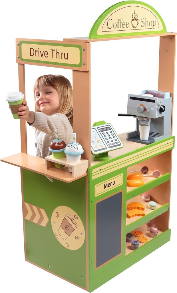 Pretend Coffee Shop Wooden Playset - Drive Thru Window Fun - Includes Frappuccino w Straws, Espresso Maker, Bread, Pastries, Rotating Cash Register, Coffee Cups, Apron- Over 25 Super Cute Play Pieces!