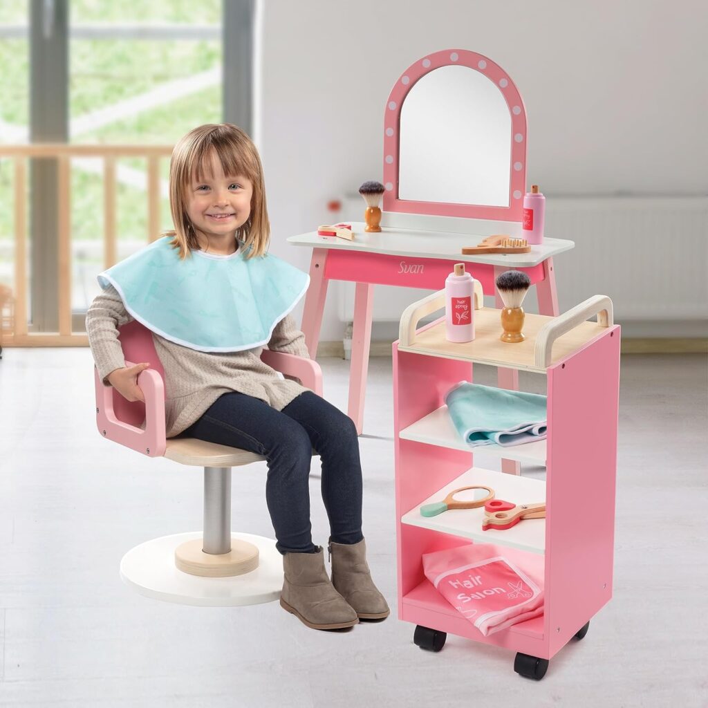 Pretend Hair Salon Wooden Play Set - Full Vanity Mirror Playset w Chair  Rolling Cart- Includes Blow Dryer, Brush, Styling, Cutting Tools  More - Hair Dresser Stylist Fun, Beauty Care for Girls Kids