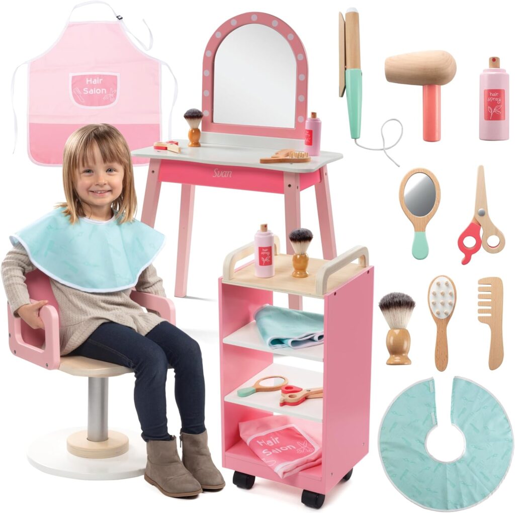 Pretend Hair Salon Wooden Play Set - Full Vanity Mirror Playset w Chair  Rolling Cart- Includes Blow Dryer, Brush, Styling, Cutting Tools  More - Hair Dresser Stylist Fun, Beauty Care for Girls Kids