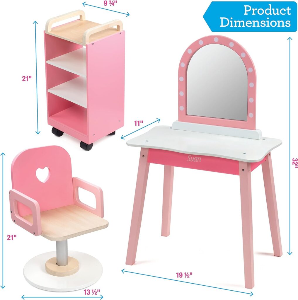 Pretend Hair Salon Wooden Play Set - Full Vanity Mirror Playset w Chair  Rolling Cart- Includes Blow Dryer, Brush, Styling, Cutting Tools  More - Hair Dresser Stylist Fun, Beauty Care for Girls Kids