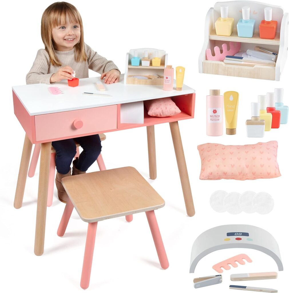 Pretend Nail Salon Wooden Play Set - Run Your Own Salon - Full Playset Includes Nail Polishes, Beauty Caddy, File, Dryer, Chair  Stool - Mess-Free, Fun Mani Pedi Manicure Nail Care for Girls and Kids